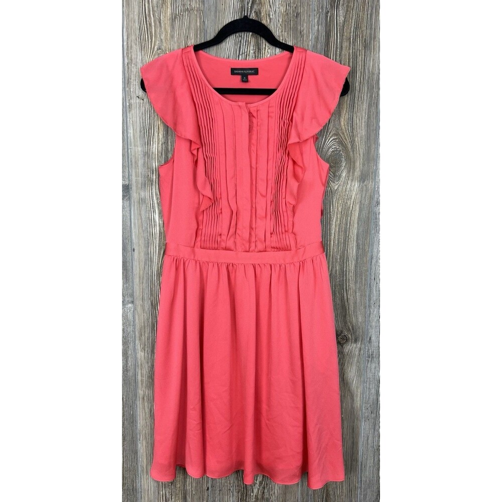 Banana Republic Dress Size 8 Coral Pink Pintuck Ruffle Cap Sleeve Lined Pockets